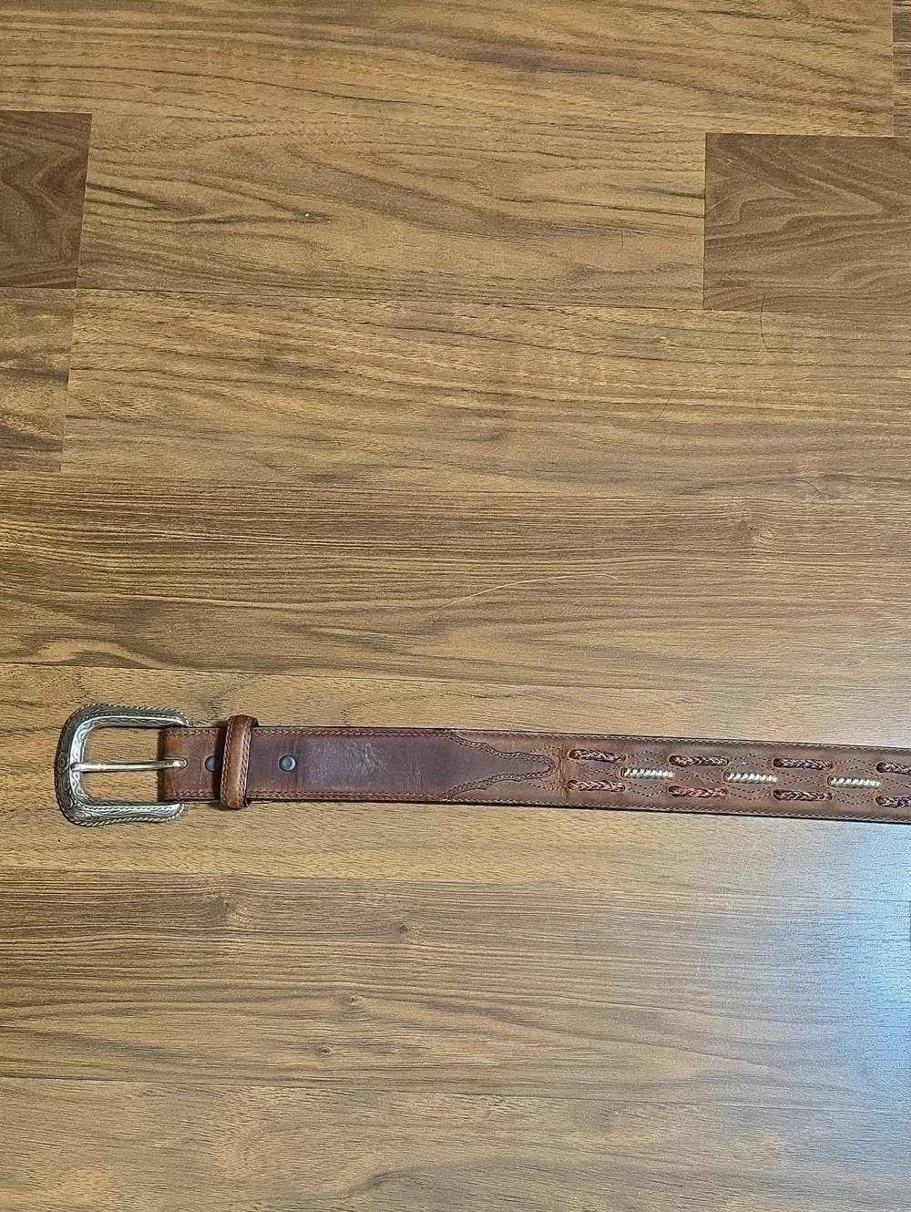 Justin Leather Belt with Decorative Silver Buckle And Embellishments